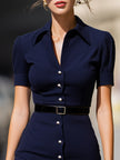 FJØRNA elegant short-sleeve button-front midi dress with belt, showcasing a stylish and sophisticated women's dress with a fitted waist.