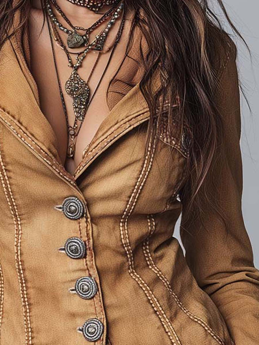 FJØRNA camel washed slim-fit denim jacket for women, featuring classic collar and button closure, styled on a model.