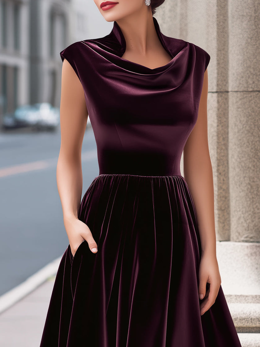 FJØRNA velvet cowl-neck sleeveless evening gown, A-line maxi dress with elegant design and flowing fabric, perfect for formal occasions.
