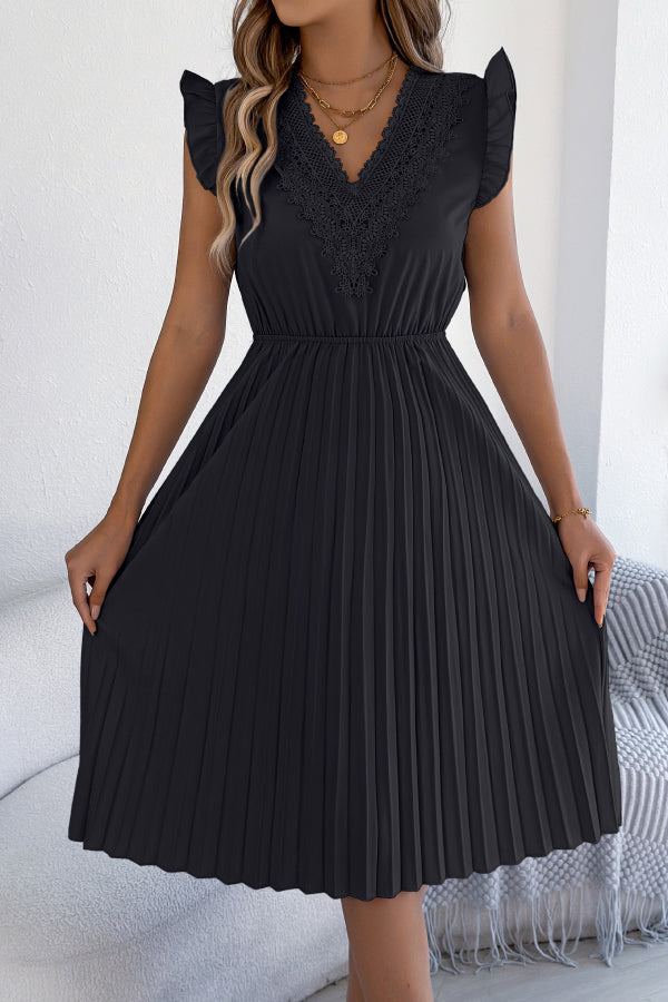 FJØRNA sleeveless midi dress with V-neck, lace trim, pleated design, in solid color, casual and stylish.