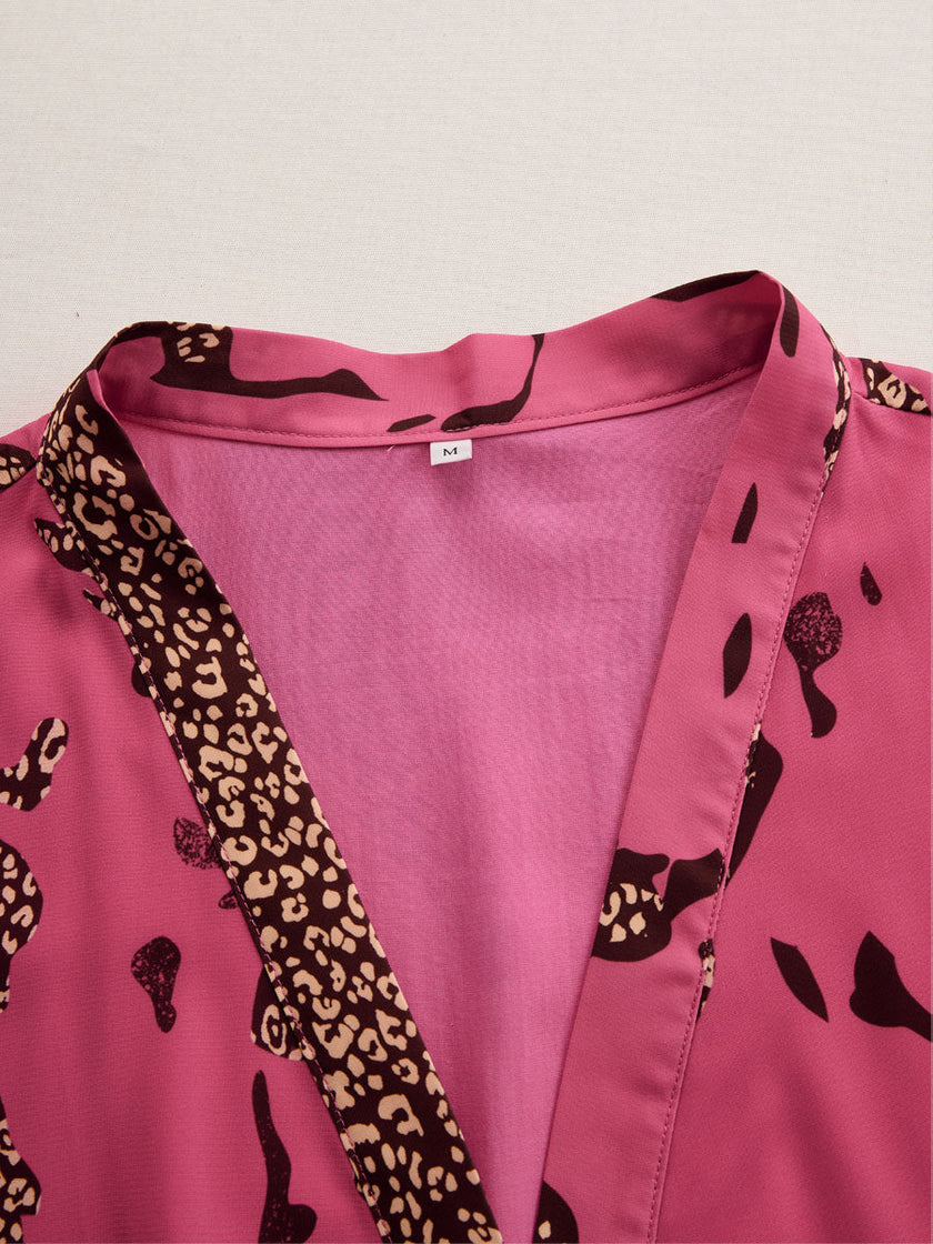 FJØRNA rose red leopard print chiffon long sleeve jumpsuit with wide legs and cinched waist, stylish and flowy design.