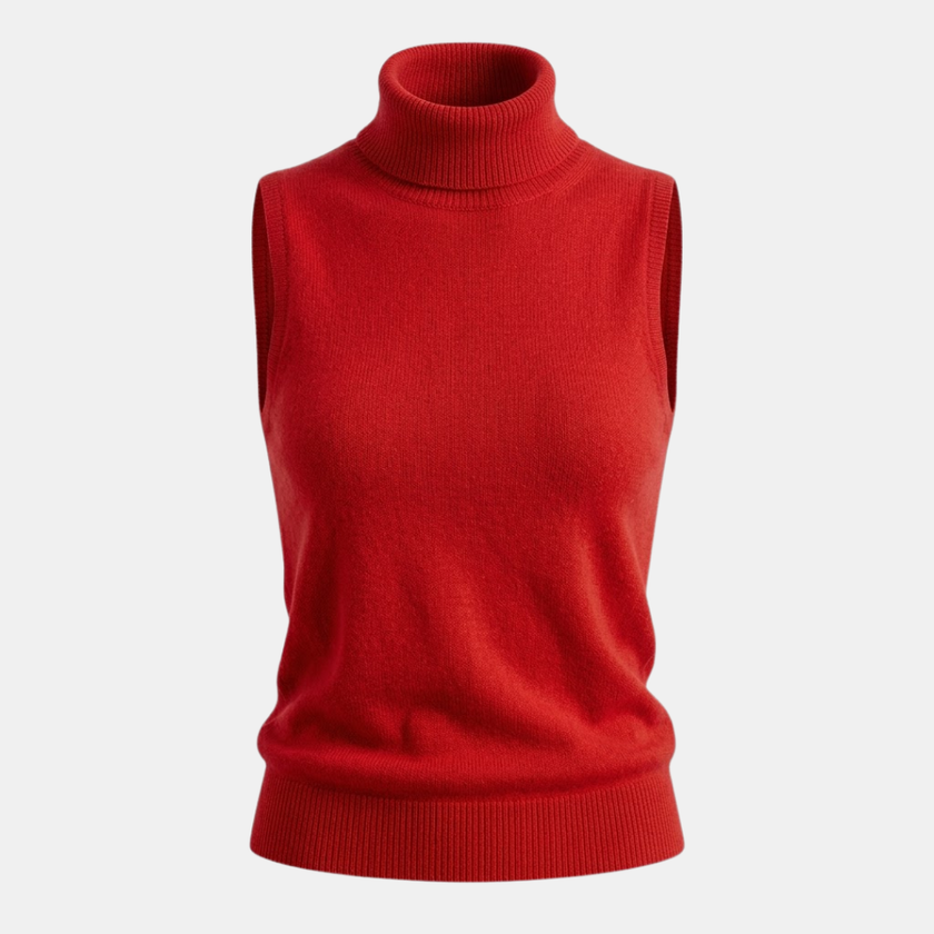 FJØRNA men's knit turtleneck top, close-up of soft, fitted fabric with ribbed collar and long sleeves.