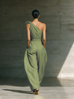 FJØRNA cotton-linen one-shoulder jumpsuit for women with tie waist and wide-leg pants, stylish and comfortable casual wear.