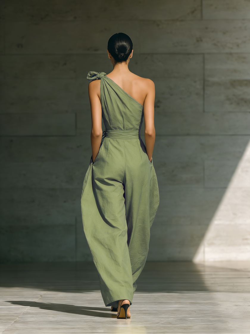 FJØRNA cotton-linen one-shoulder jumpsuit for women with tie waist and wide-leg pants, stylish and comfortable casual wear.