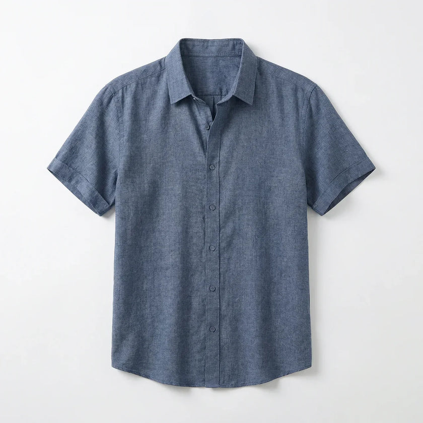 Men's FJØRNA cotton-linen short sleeve shirt with a relaxed fit, featuring a button-up front and classic collar on a plain background.