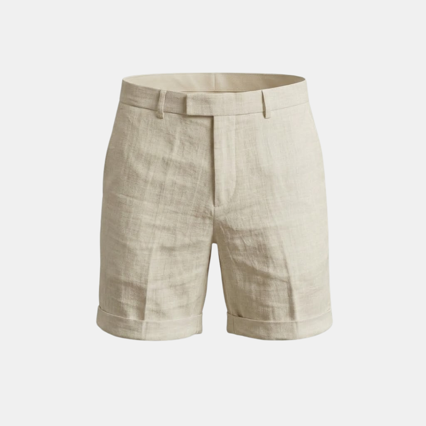 FJØRNA men's cotton linen shorts with a tailored relaxed fit, shown in a neutral color, featuring a comfortable waistband and casual style.
