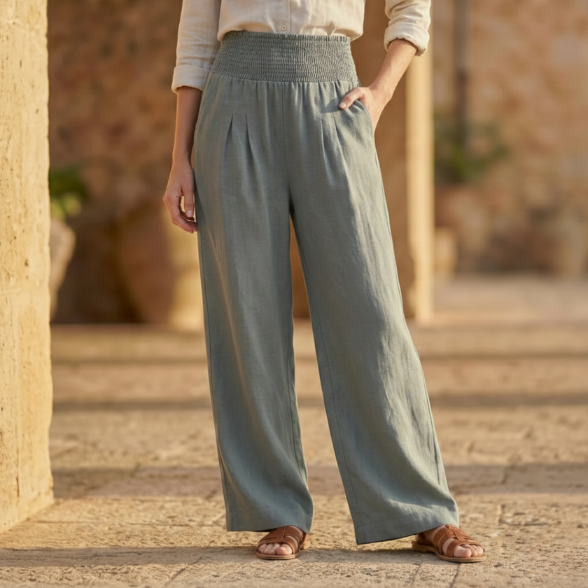 FJØRNA women's wide-leg high-waist elastic trousers with relaxed fit and flowing fabric, stylish and comfortable for casual wear.