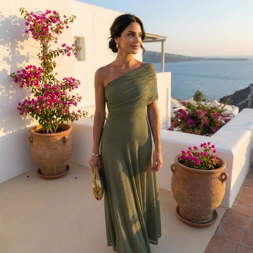 Flowy summer mini dress for women by FJØRNA, casual and stylish, showcased in a light, breezy fabric perfect for warm weather.
