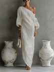 Women's ivory white cotton-linen blend mini dress by FJØRNA, featuring a casual, lightweight design with short sleeves and a relaxed fit.