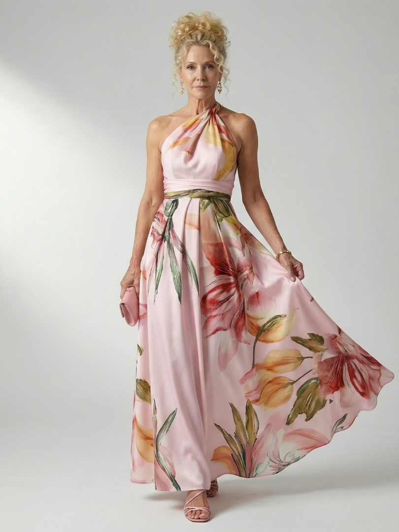 FJØRNA women's summer maxi dress with floral pattern, halter neck, sleeveless design, relaxed fit for warm weather.