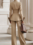 FJØRNA khaki belted waist two-piece trouser set with tailored pants and matching top, stylish and versatile for casual or office wear.