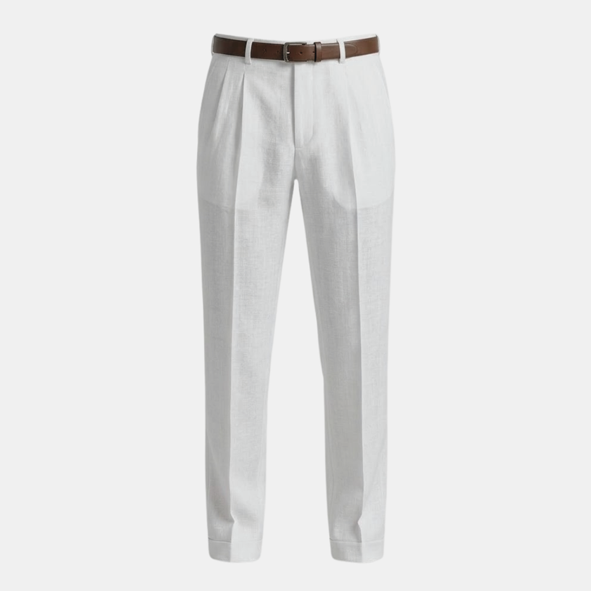 FJØRNA men's linen blend straight leg trousers with pleats, featuring a classic fit and tailored design in neutral fabric