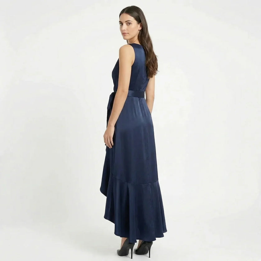 FJØRNA women's elegant sleeveless wrap midi dress displayed on a model, showcasing a sleek, sophisticated design suitable for formal occasions.