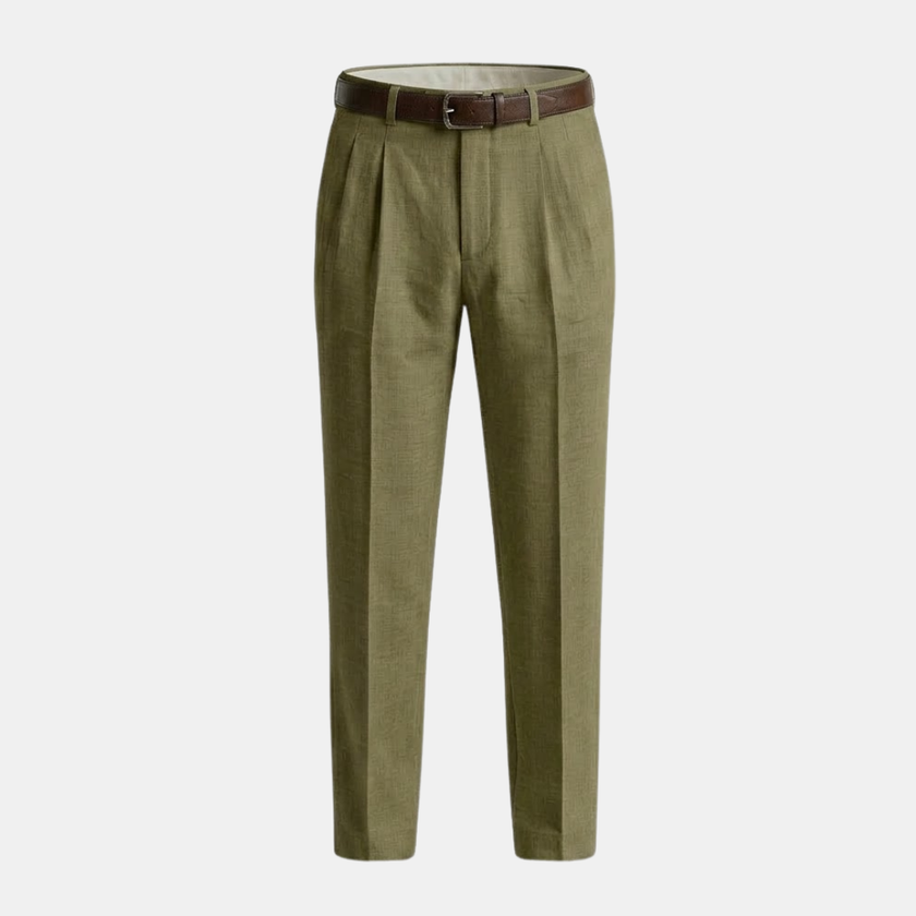 FJØRNA men's linen blend straight leg trousers with pleats and a relaxed fit, shown on a person wearing beige pants.