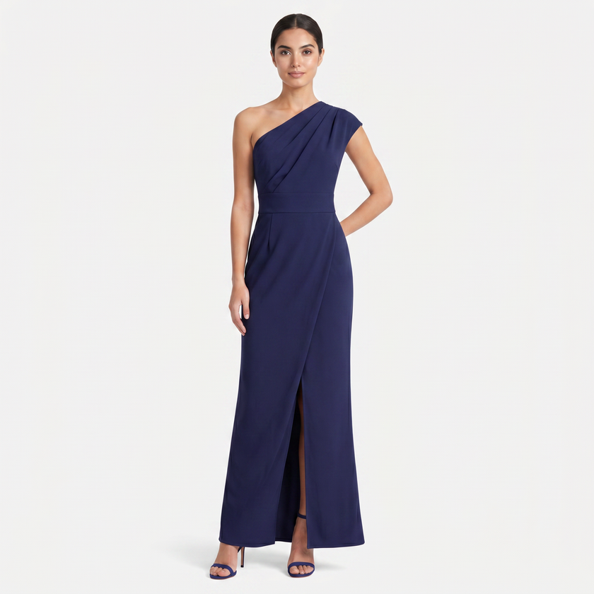 FJØRNA women's one-shoulder maxi evening dress with asymmetric neckline, flowing fabric, and elegant style.