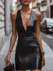FJØRNA black croc-embossed leather mini dress with fitted silhouette and sleeveless design, perfect for stylish occasions.