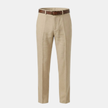 FJØRNA men's linen blend straight leg trousers, tailored pants with a classic fit and neutral color, displayed on a hanger.