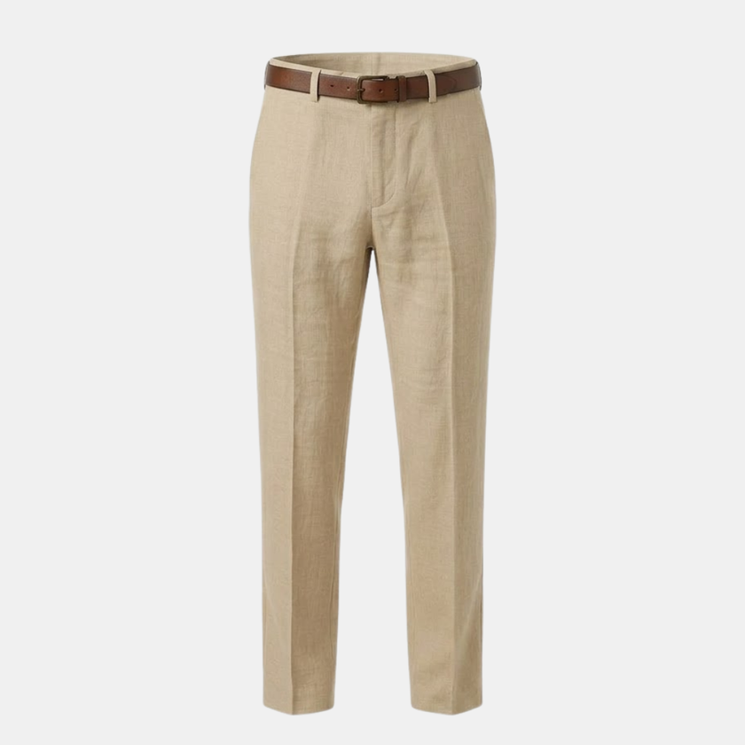 FJØRNA men's linen blend straight leg trousers, tailored pants with a classic fit and neutral color, displayed on a hanger.