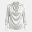 FJØRNA satin long sleeve top for men, sleek and shiny fabric, close-up of the stylish men's satin long sleeve shirt.