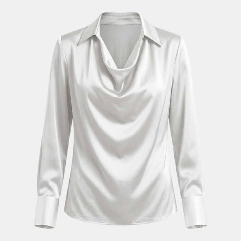 FJØRNA satin long sleeve top for men, sleek and shiny fabric, close-up of the stylish men's satin long sleeve shirt.