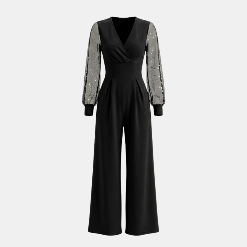 Women’s V neck mesh sleeve evening jumpsuit by FJØRNA, featuring a stylish V-neck and mesh long sleeves for elegant evening wear.