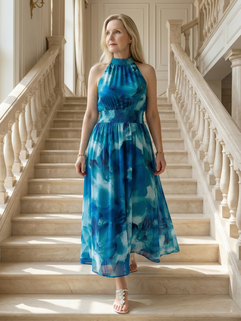 FJØRNA women's summer midi dress with halter neck, sleeveless design, flowy fabric, perfect for warm weather and casual occasions.