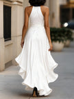 FJØRNA Midnight Elegance satin halter gown with ruffle details, flowing design, perfect for formal occasions.