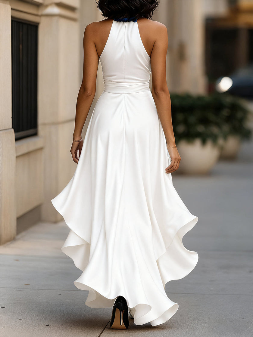 FJØRNA Midnight Elegance satin halter gown with ruffle details, flowing design, perfect for formal occasions.