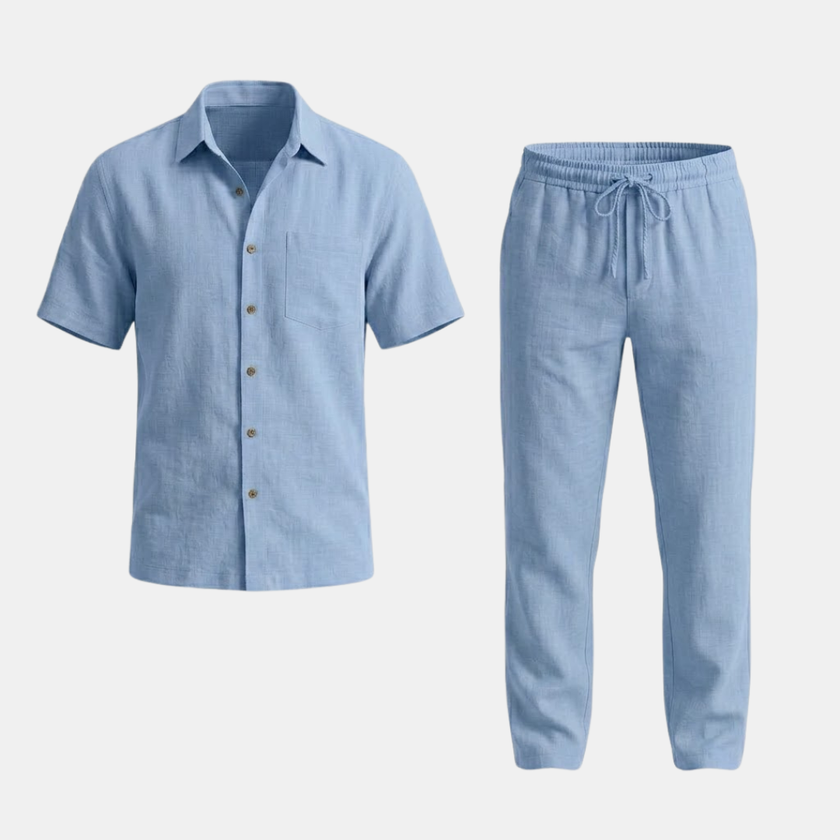 FJØRNA women's linen co-ord set featuring a lightweight shirt and matching trousers for summer wear, styled casually.