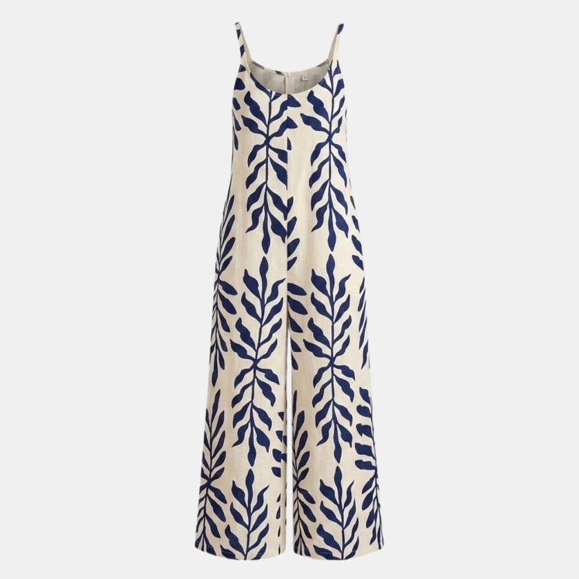FJØRNA women's two-piece suit set with wide-leg tropical print, featuring a stylish top and matching pants for a vibrant look.