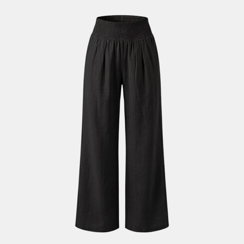 FJØRNA linen blend wide leg women's trousers with elastic waist and relaxed fit, shown in a light, breathable fabric.