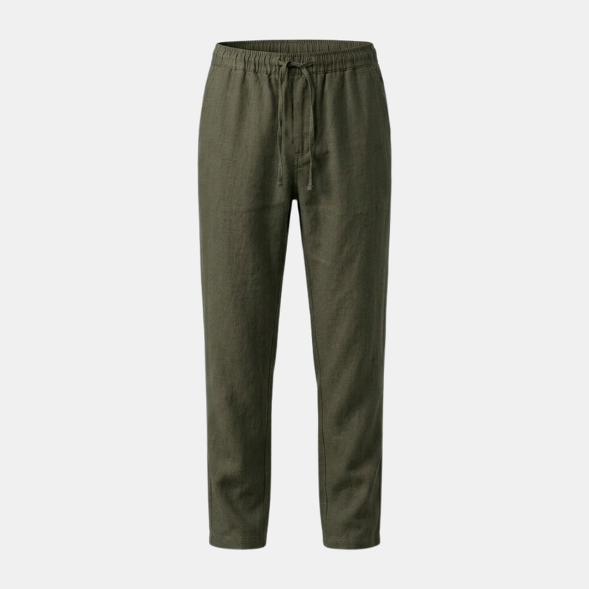 Men's linen blend straight-leg trousers by FJØRNA with drawstring waist and relaxed fit, shown in a casual, comfortable style.