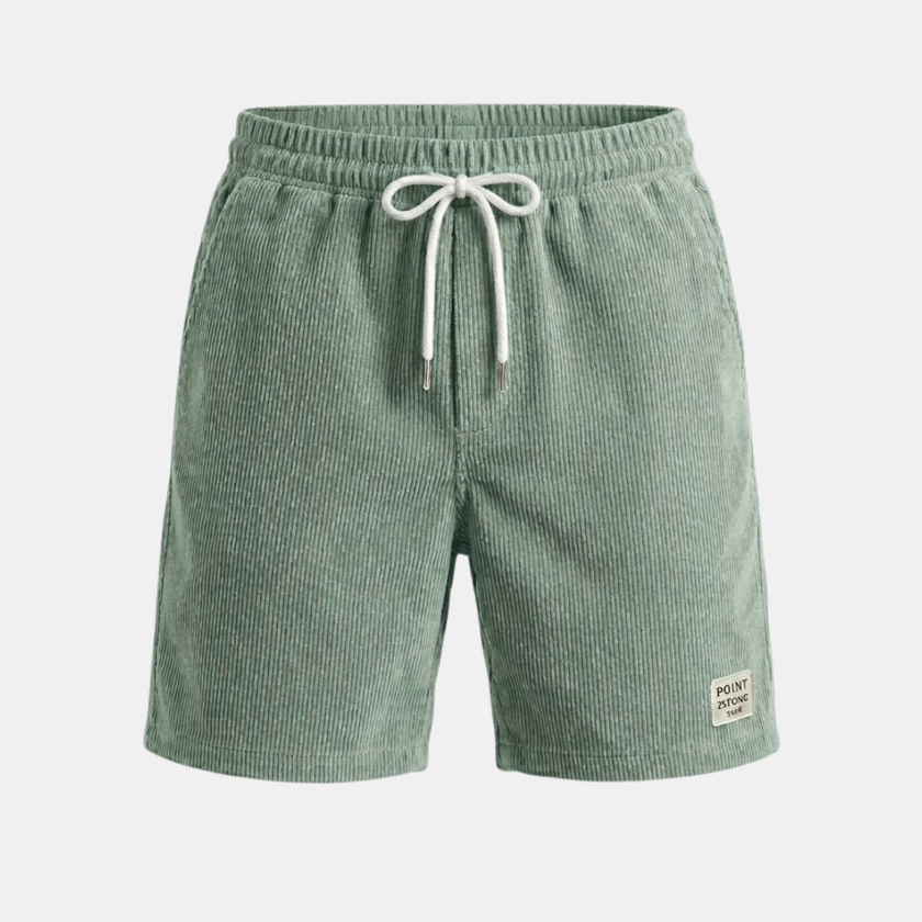 Men's FJØRNA corduroy shorts with drawstring waist, showcasing a casual fit and textured fabric in a neutral color.