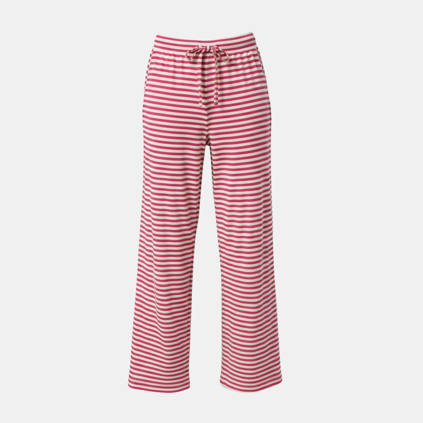 Women’s FJØRNA striped drawstring trousers with a relaxed fit and casual style, featuring vertical black and white stripes.