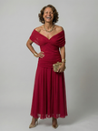 FJØRNA elegant off-shoulder midi dress for women, bodycon fit in stylish design, perfect for sophisticated occasions.