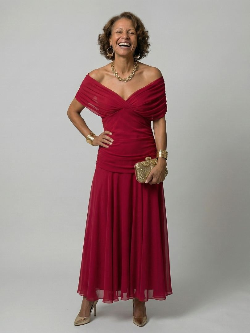 FJØRNA elegant off-shoulder midi dress for women, bodycon fit in stylish design, perfect for sophisticated occasions.