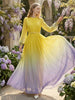 FJØRNA high-waisted long sleeve maxi dress with belt, contrast color gradient, pleated details, split joint, and round neck design.