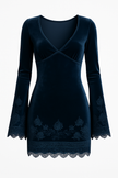 FJØRNA women's mini velvet dress with embroidered bell sleeves and lace details, stylish and elegant for special occasions.