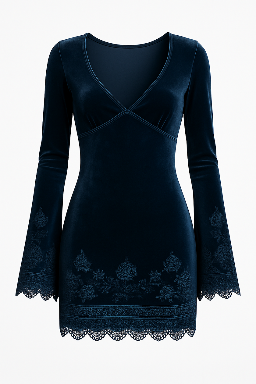 FJØRNA women's mini velvet dress with embroidered bell sleeves and lace details, stylish and elegant for special occasions.