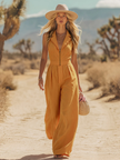 FJØRNA mustard cotton linen sleeveless boho jumpsuit for women, lightweight and stylish, with a relaxed fit and casual design.