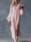 White Knit V-Neck Midi Dress For Women