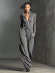 FJØRNA sparkling knit women's jumpsuit with zip front, long sleeves, and wide-leg pants, stylish and comfortable for women.