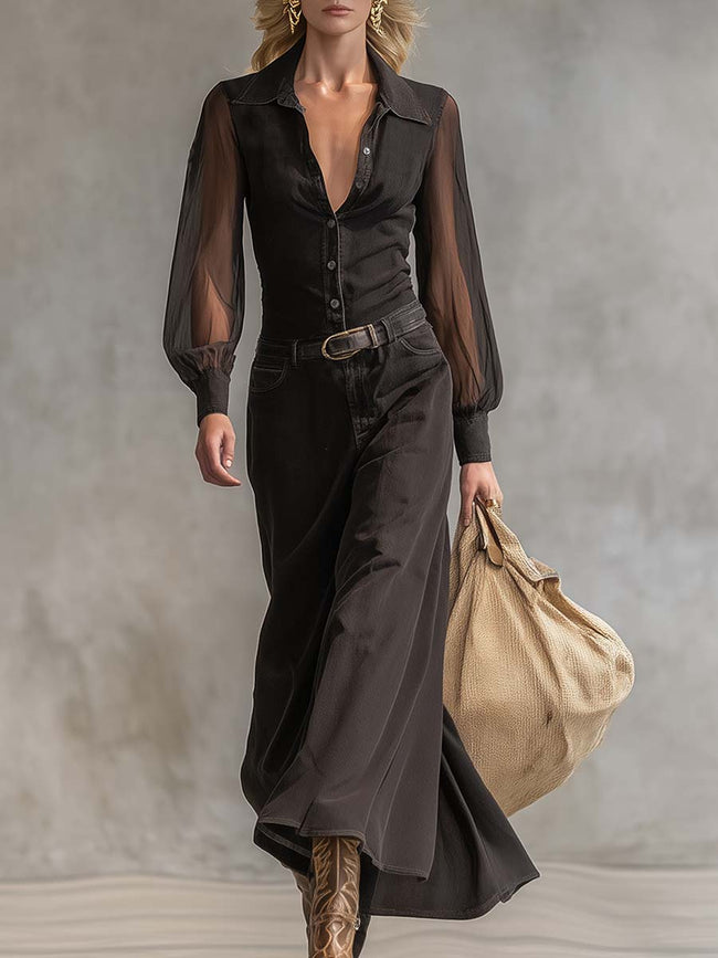 Black denim V-neck maxi dress by FJØRNA, casual style, flowing long dress with sleeveless design and V-shaped neckline.