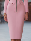 FJØRNA zip-front tailored midi pencil dress for women, showcasing a sleek, fitted design with a high neckline and front zipper.