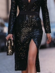 FJØRNA black sequin tuxedo midi dress for women with side slit, elegant evening dress, stylish and fitted for formal occasions