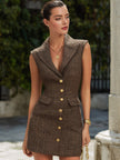 FJØRNA brown tweed sleeveless tailored mini dress with gold button details, perfect for stylish daytime or evening wear.