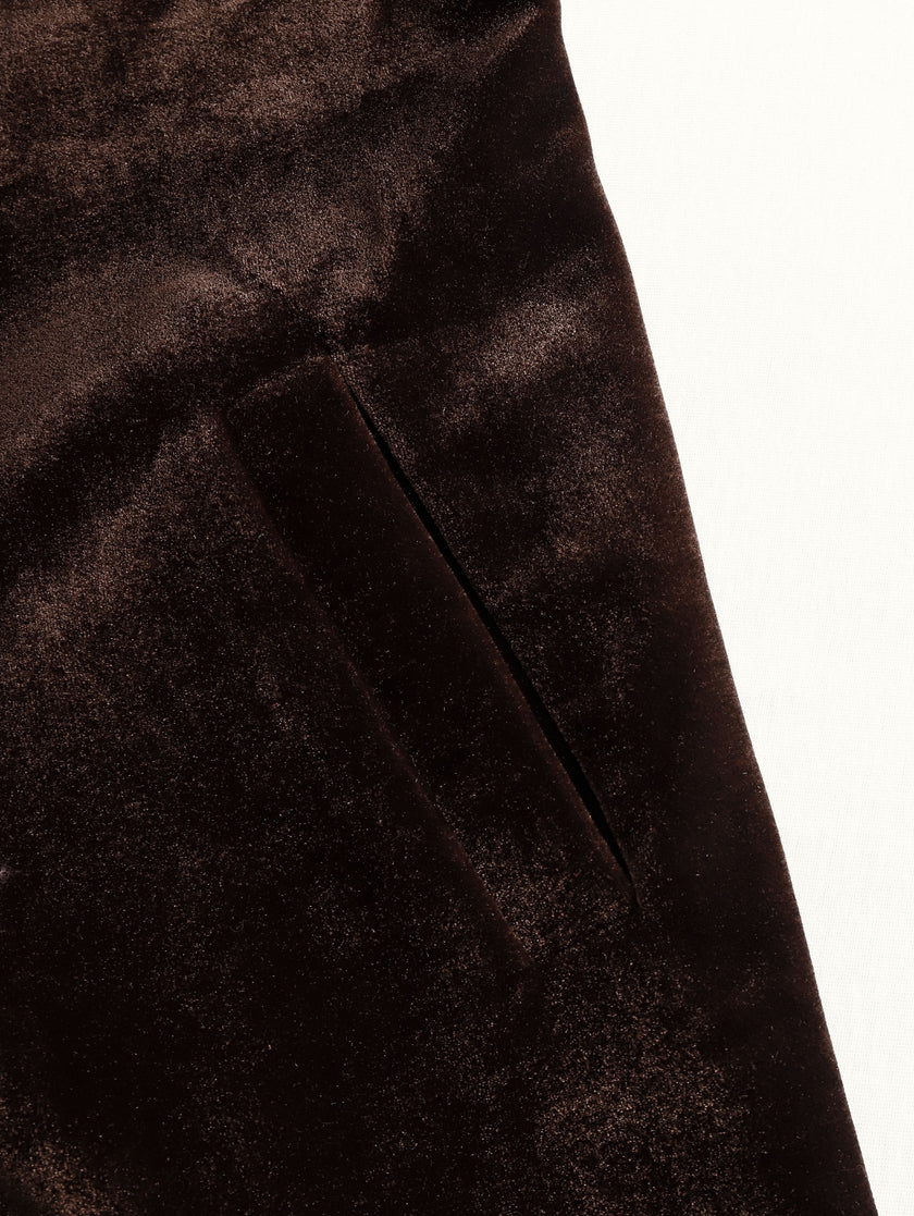 Brown velvet colour-block lapel coat with pockets by FJØRNA, featuring a stylish design and elegant lapel details.