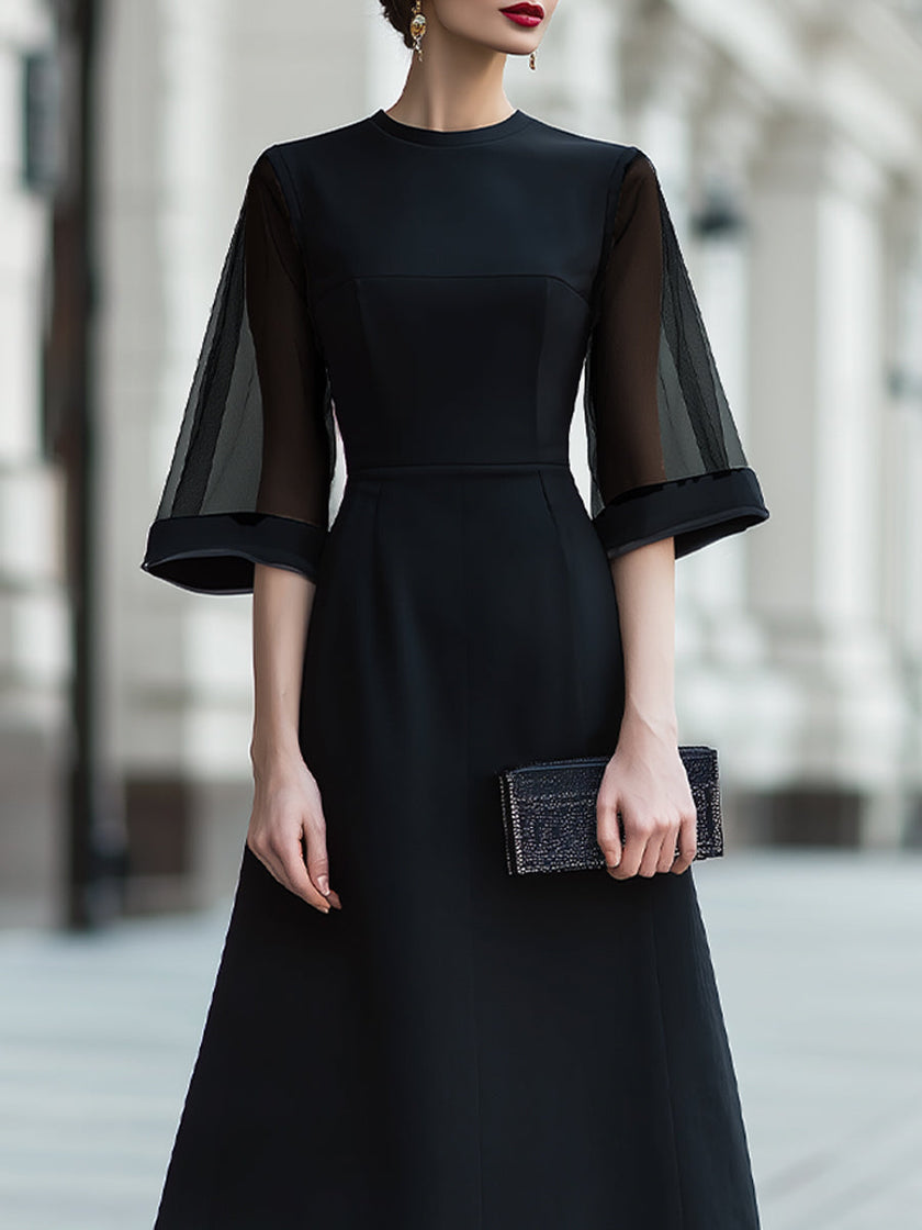 FJØRNA sheer sleeve midi dress with structured waist, elegant design, and lightweight fabric, perfect for stylish occasions.