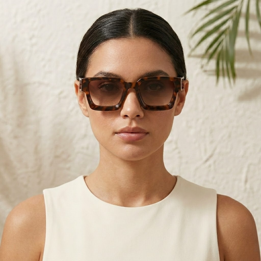 Vintage rectangular unisex sunglasses by FJØRNA with dark tinted lenses and a sleek frame, accessory for women.