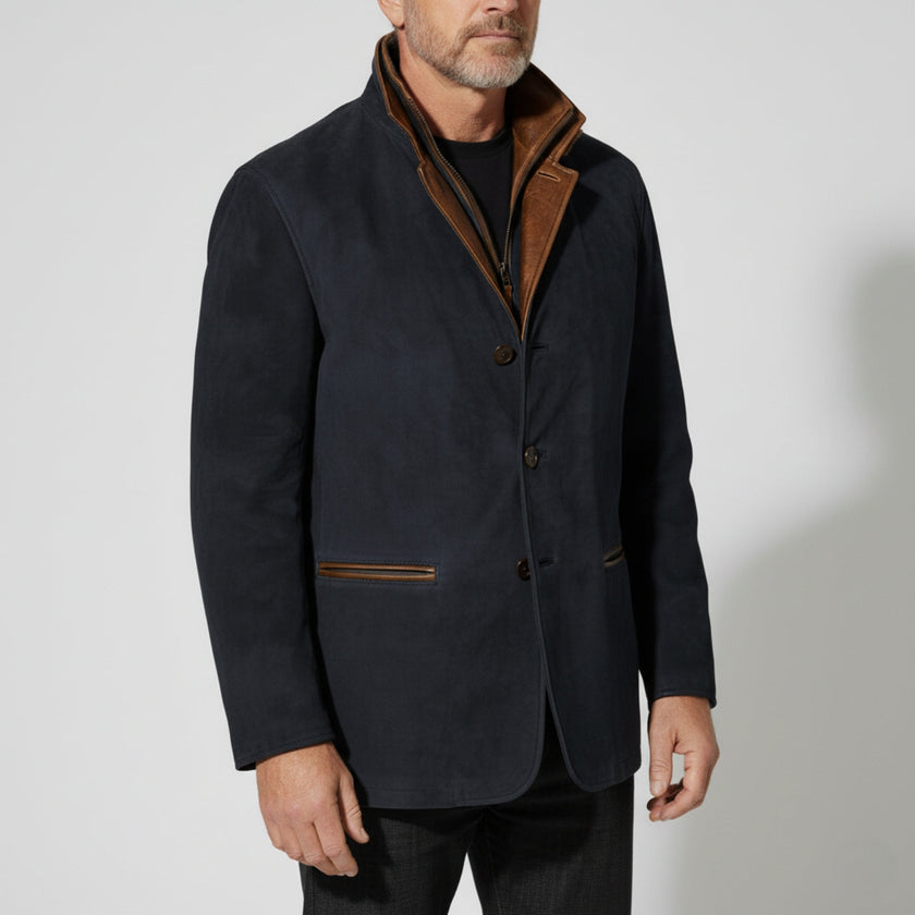 Men’s Suede Jacket – Structured Fit – Leather Trim – Classic Notched Lapel Design